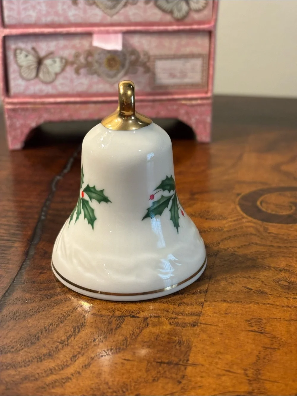 Lenox Holiday Porcelain Bell Ornament with Green Holly and Red Berries